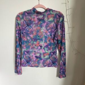 Sheer mesh psychedelic long sleeve, mock neck top no tags fits like a large